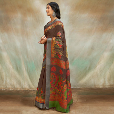 Brown Casual Wear Printed Pure Linen Saree