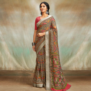 Brown Casual Wear Printed Pure Linen Saree