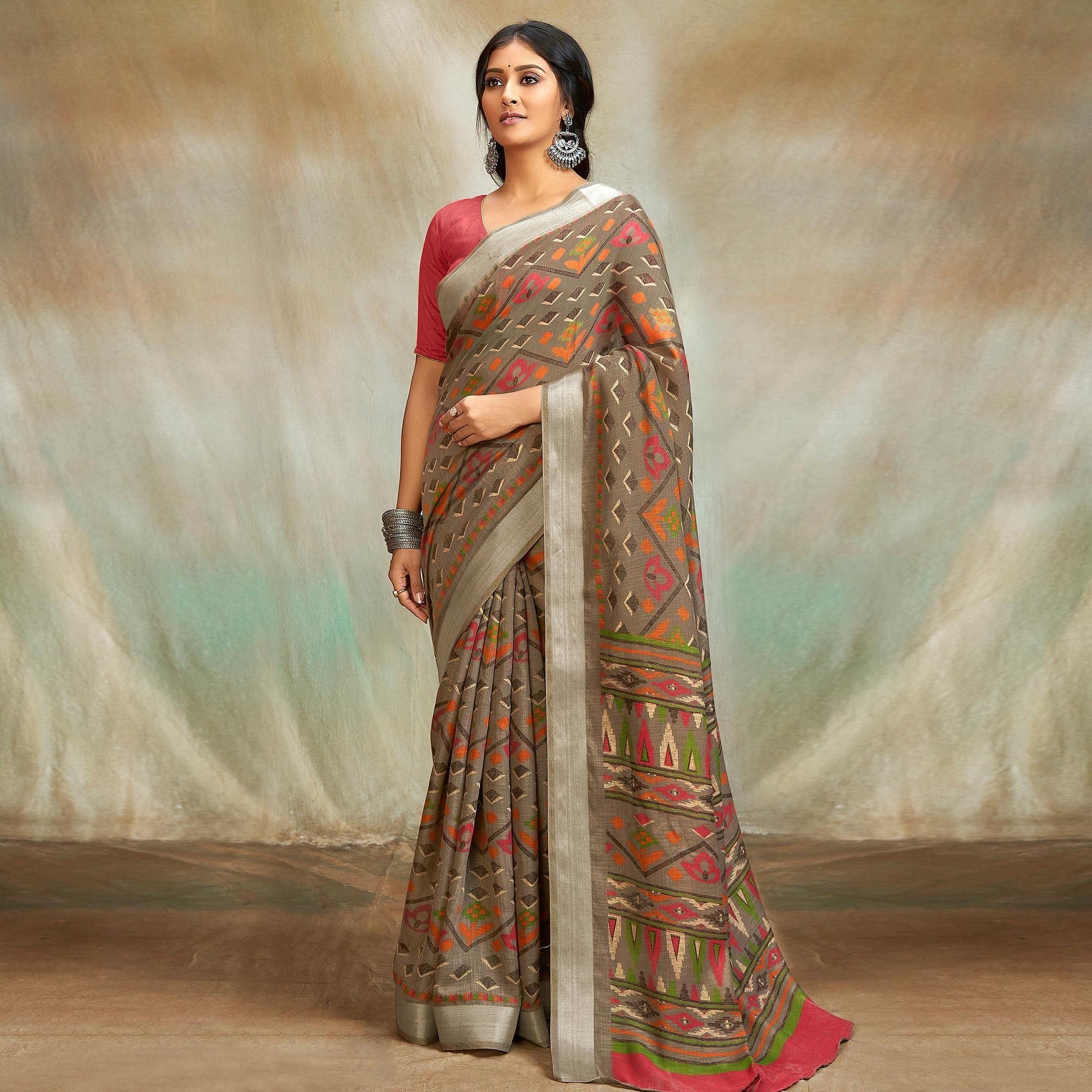 Brown Casual Wear Printed Pure Linen Saree
