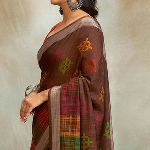 Brown Casual Wear Printed Pure Linen Saree