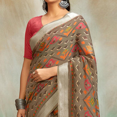 Brown Casual Wear Printed Pure Linen Saree