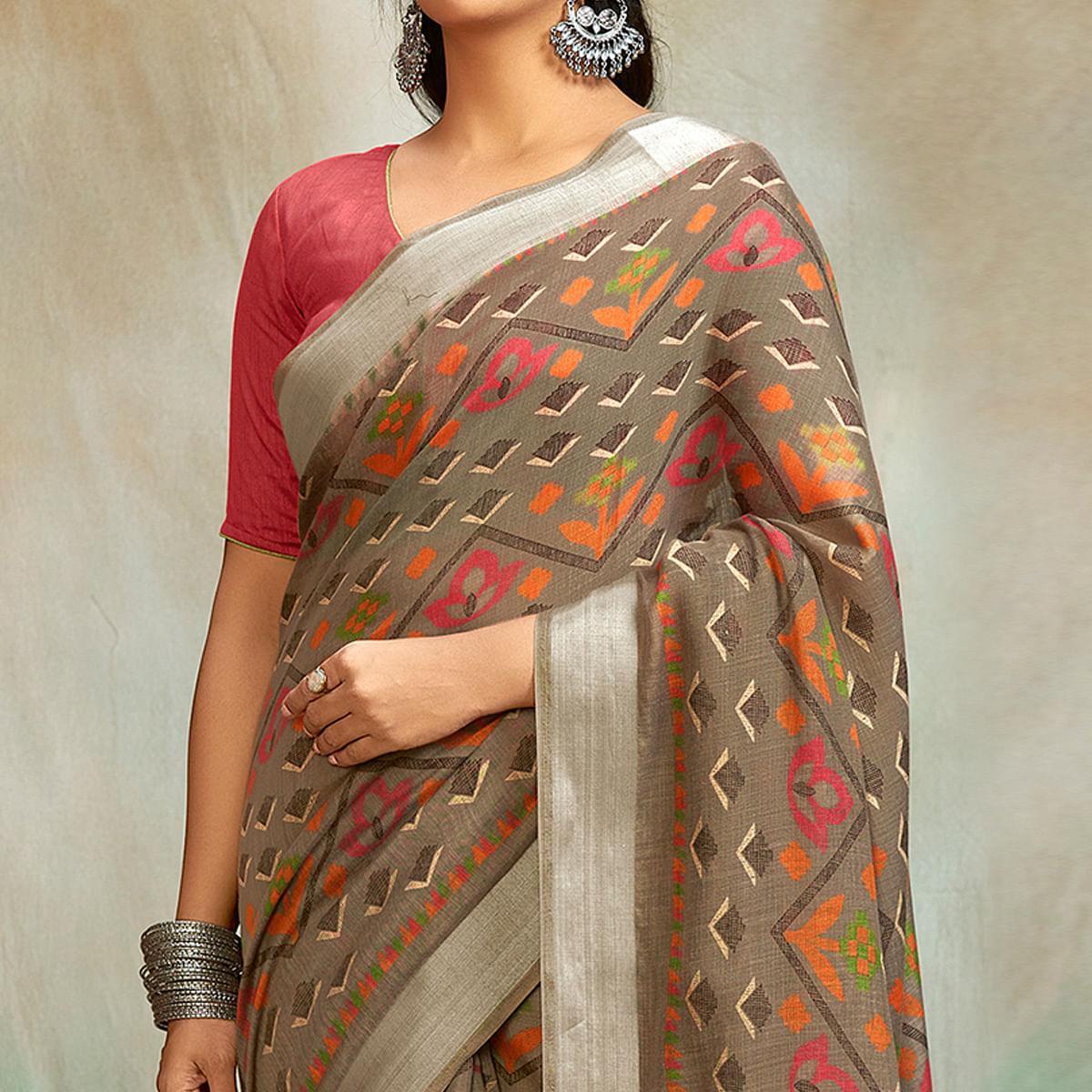 Brown Casual Wear Printed Pure Linen Saree