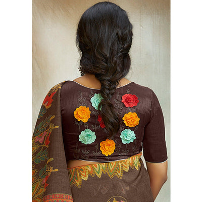 Brown Casual Wear Printed Pure Linen Saree
