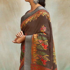 Brown Casual Wear Printed Pure Linen Saree
