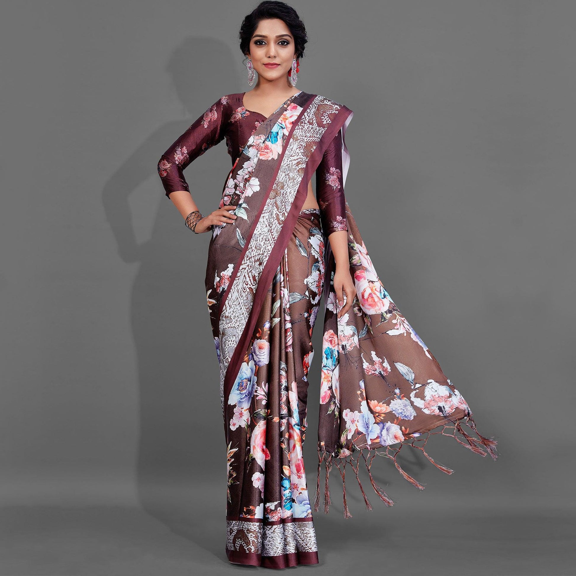 Brown Casual Wear Printed Satin Silk Saree