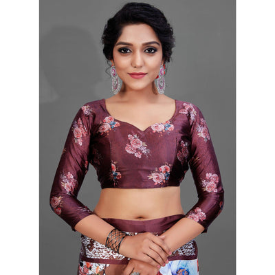 Brown Casual Wear Printed Satin Silk Saree