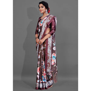 Brown Casual Wear Printed Satin Silk Saree