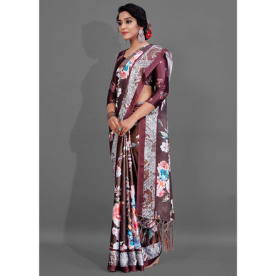 Brown Casual Wear Printed Satin Silk Saree