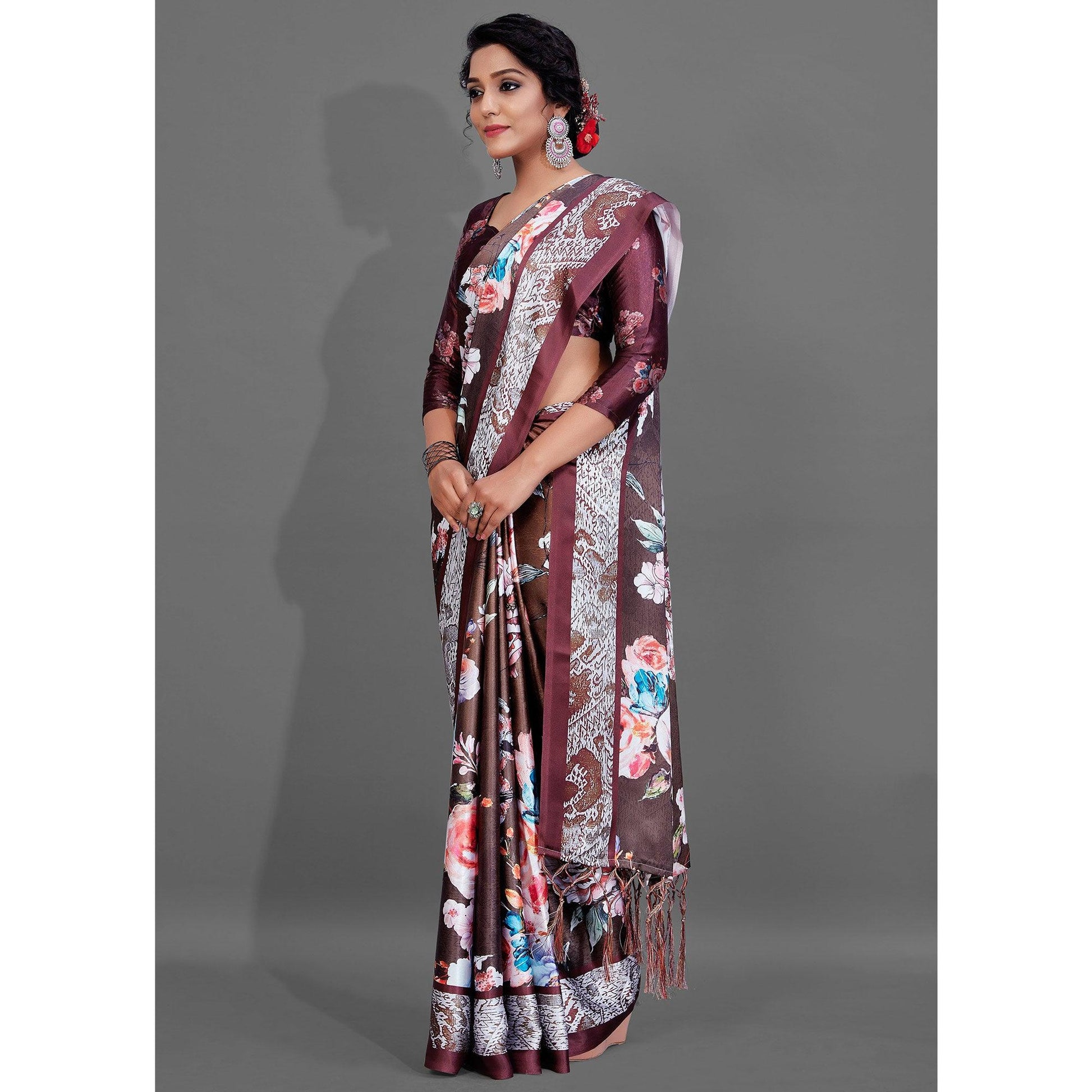Brown Casual Wear Printed Satin Silk Saree