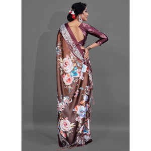 Brown Casual Wear Printed Satin Silk Saree
