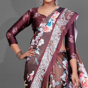 Brown Casual Wear Printed Satin Silk Saree