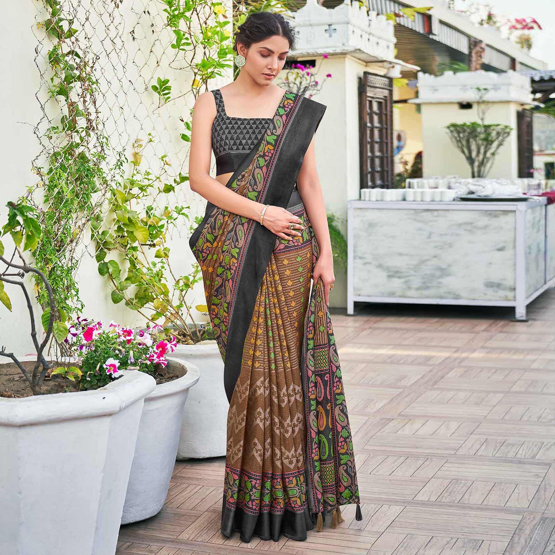 Brown Casual Wear Printed Silk Brasso Saree