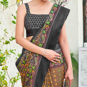 Brown Casual Wear Printed Silk Brasso Saree