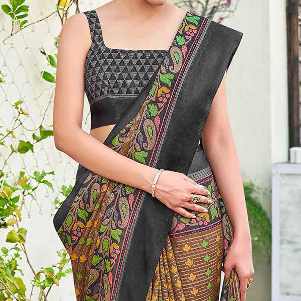 Brown Casual Wear Printed Silk Brasso Saree