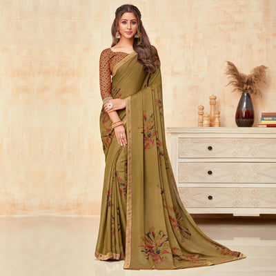 Brown Casual Wear Printed Silk Georgette Saree