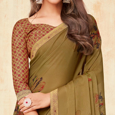 Brown Casual Wear Printed Silk Georgette Saree