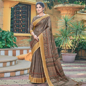 Brown Casual Wear Printed Silk Saree