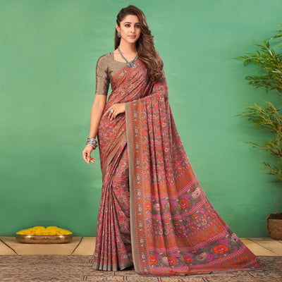 Brown Casual Wear Printed Silk Saree