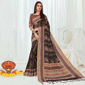 Brown Casual Wear Printed Silk Saree