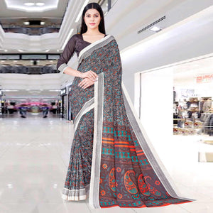 Brown Casual Wear Printed Silk Saree
