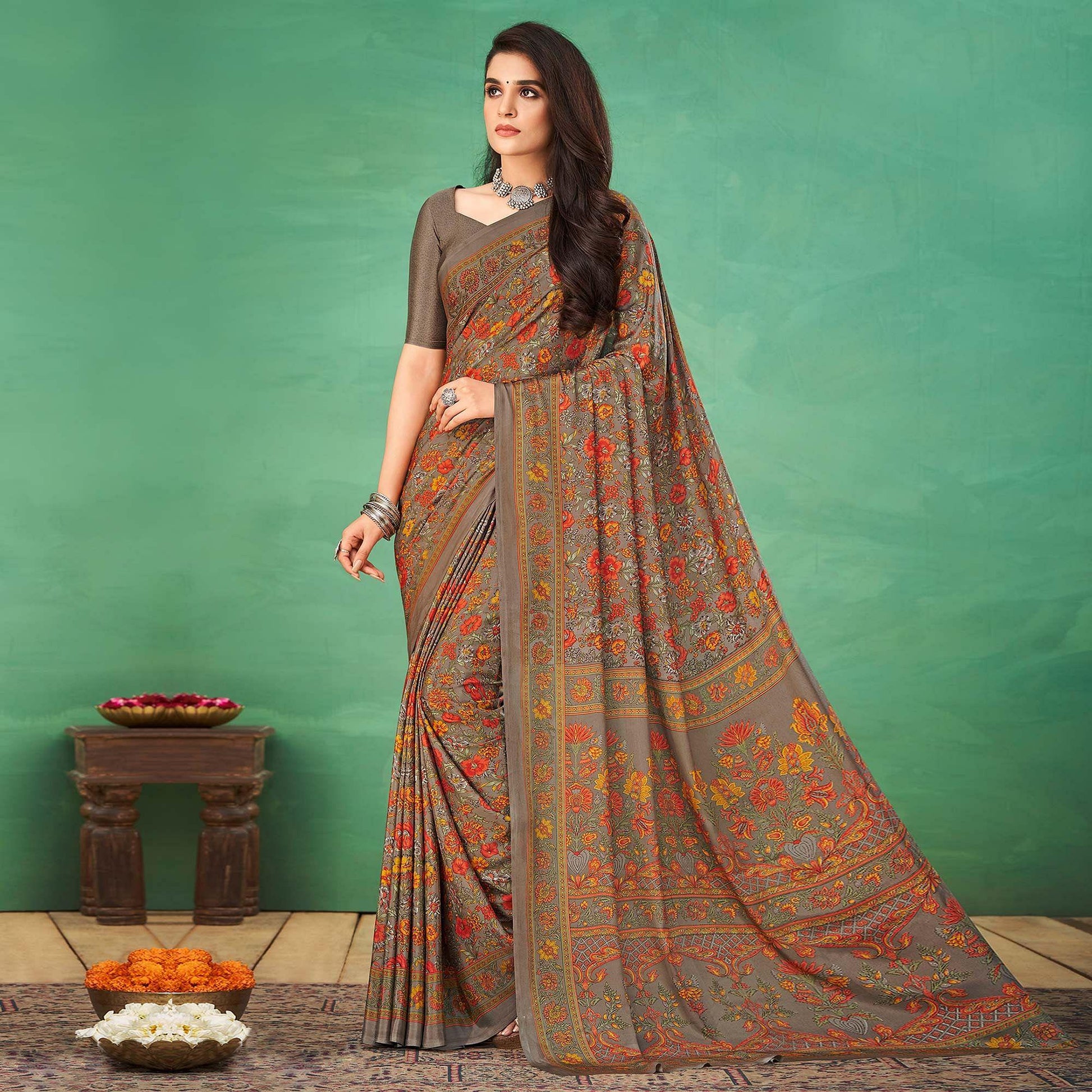 Brown Casual Wear Printed Silk Saree
