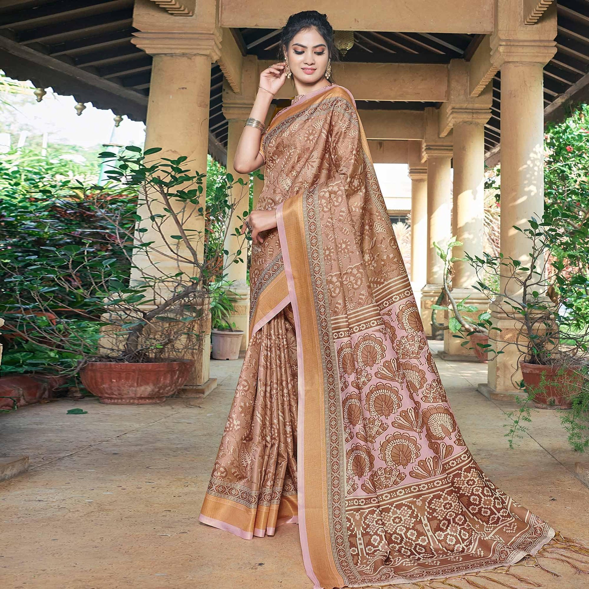 Brown Casual Wear Printed Silk Saree