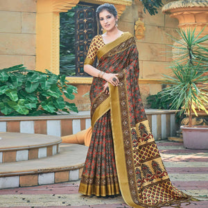 Brown Casual Wear Printed Silk Saree