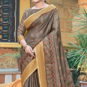Brown Casual Wear Printed Silk Saree