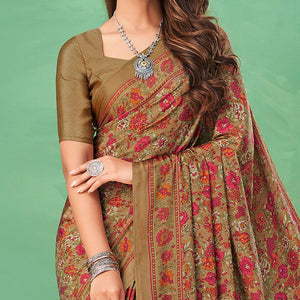 Brown Casual Wear Printed Silk Saree