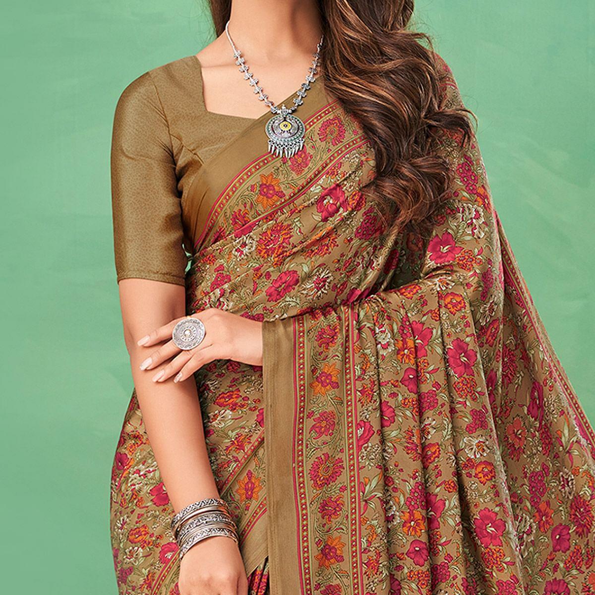 Brown Casual Wear Printed Silk Saree