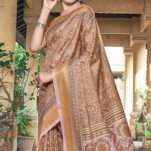 Brown Casual Wear Printed Silk Saree