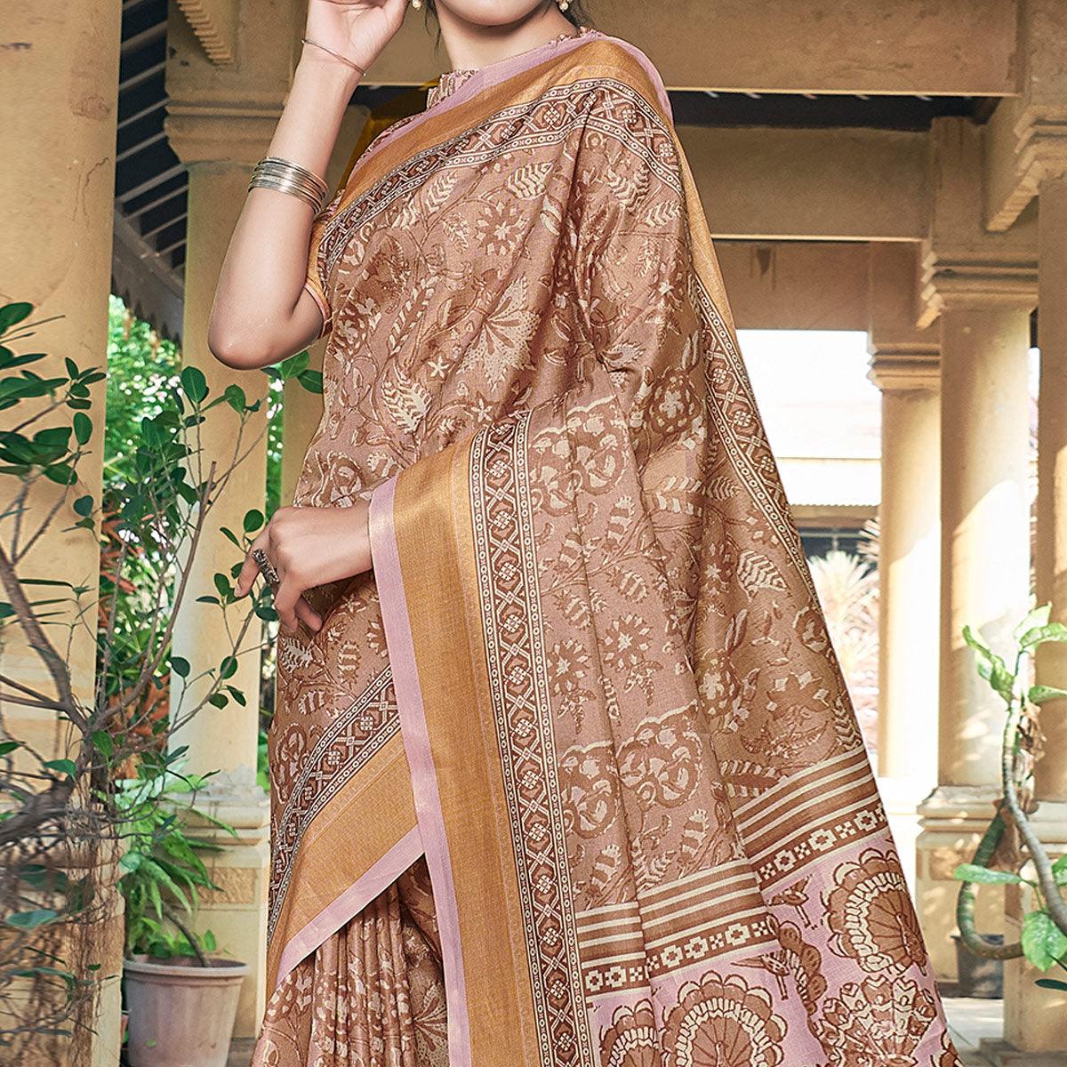 Brown Casual Wear Printed Silk Saree