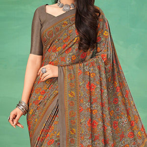Brown Casual Wear Printed Silk Saree