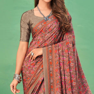 Brown Casual Wear Printed Silk Saree