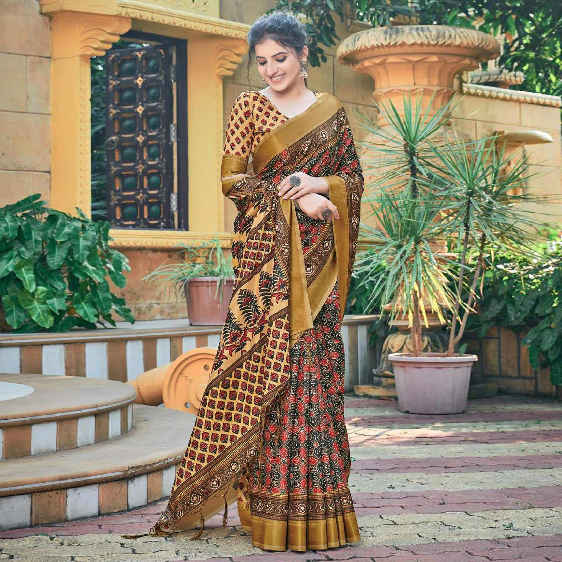 Brown Casual Wear Printed Silk Saree