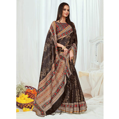 Brown Casual Wear Printed Silk Saree