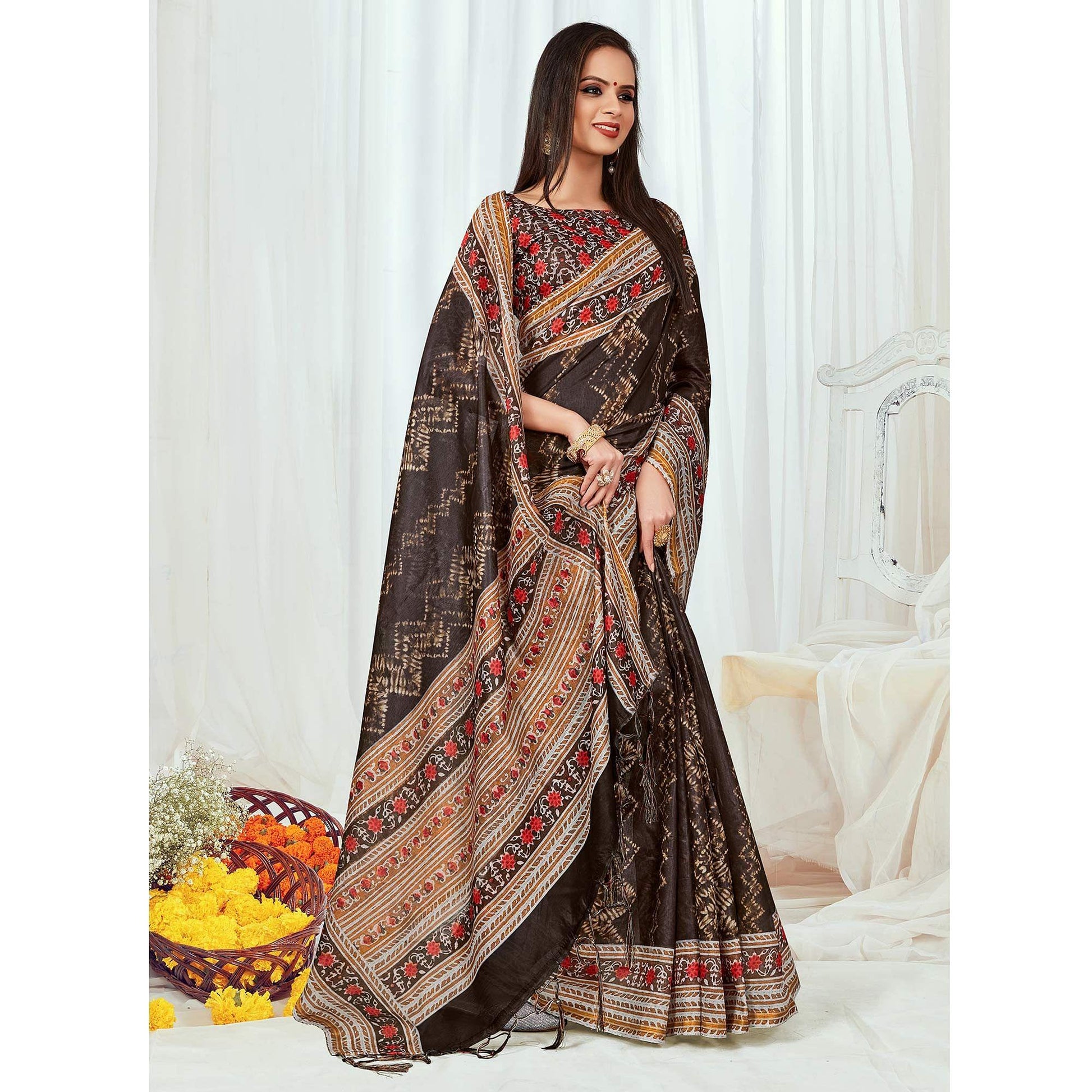Brown Casual Wear Printed Silk Saree