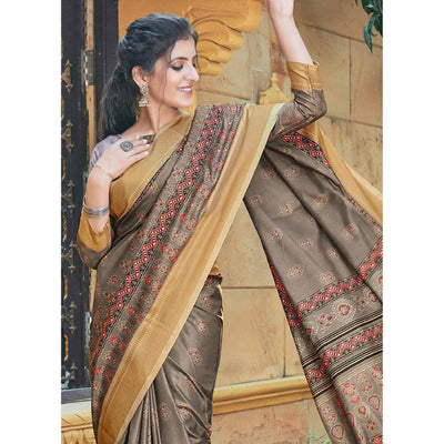 Brown Casual Wear Printed Silk Saree