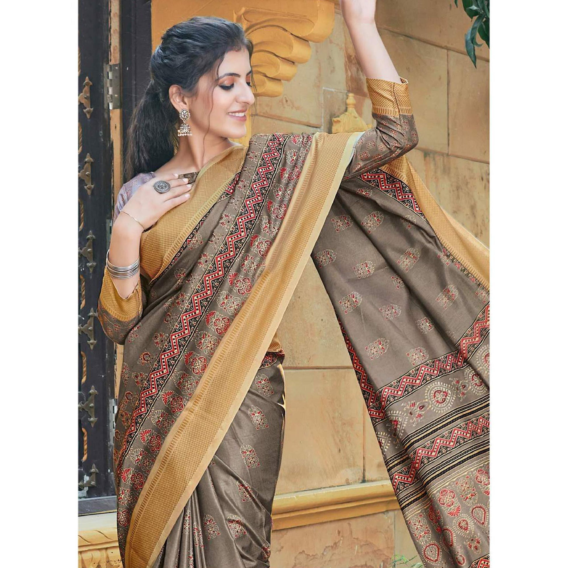 Brown Casual Wear Printed Silk Saree