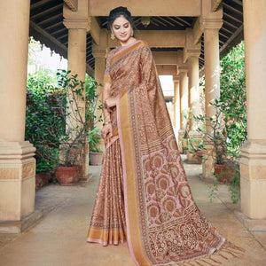 Brown Casual Wear Printed Silk Saree