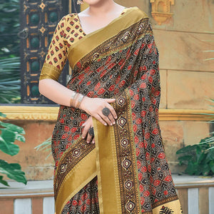Brown Casual Wear Printed Silk Saree