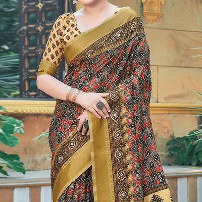 Brown Casual Wear Printed Silk Saree