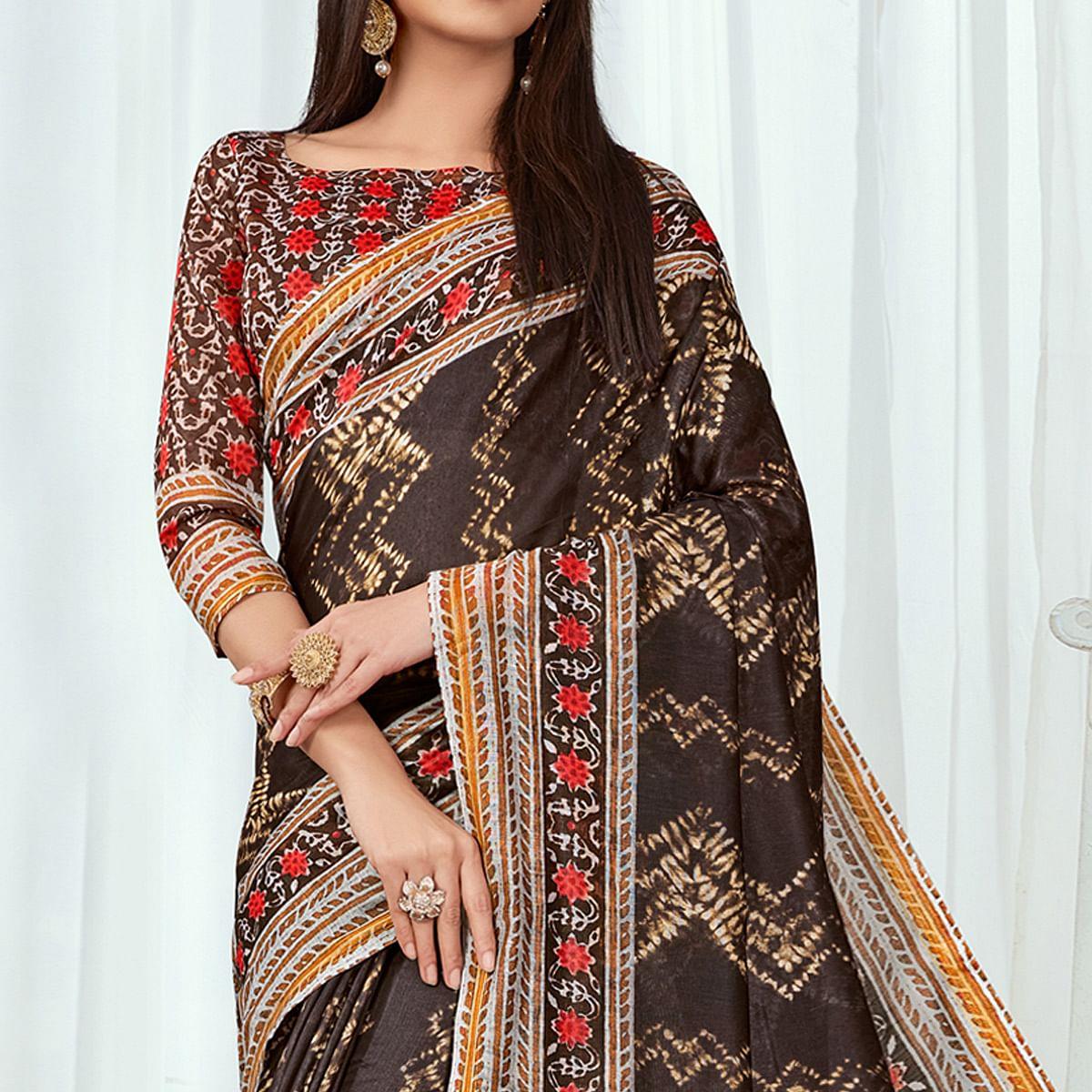 Brown Casual Wear Printed Silk Saree