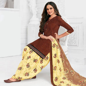 Brown Casual Wear  Printed Stitched Cotton Patiyala Suit With Dupatta