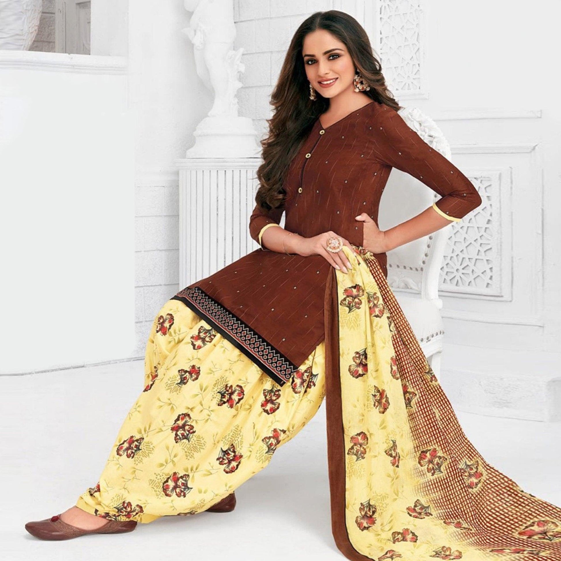 Brown Casual Wear  Printed Stitched Cotton Patiyala Suit With Dupatta