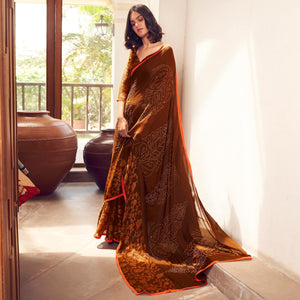 Brown Casual Wear Printed Velvet Chiffon Saree