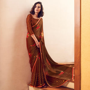 Brown Casual Wear Printed Velvet Chiffon Saree