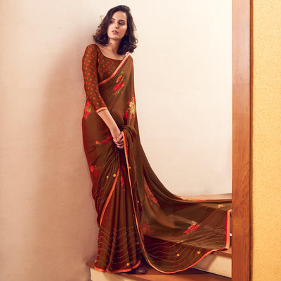 Brown Casual Wear Printed Velvet Chiffon Saree