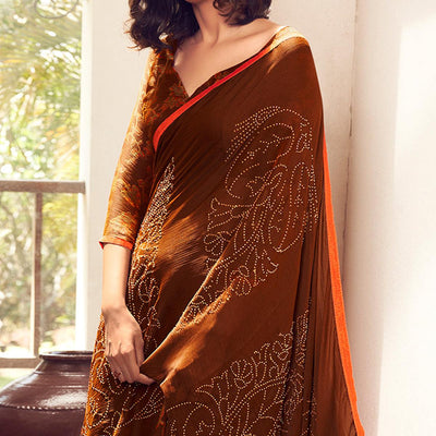 Brown Casual Wear Printed Velvet Chiffon Saree