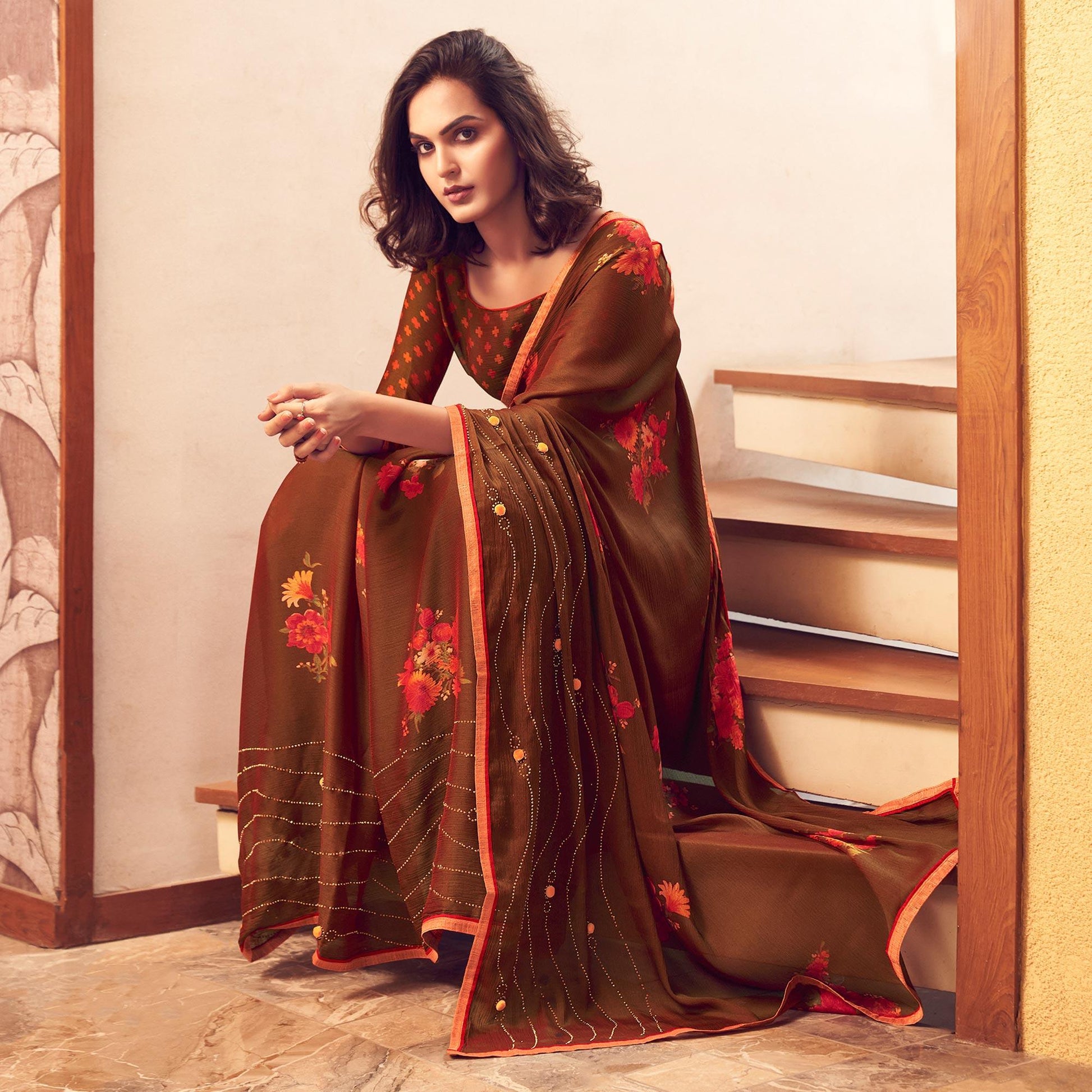 Brown Casual Wear Printed Velvet Chiffon Saree